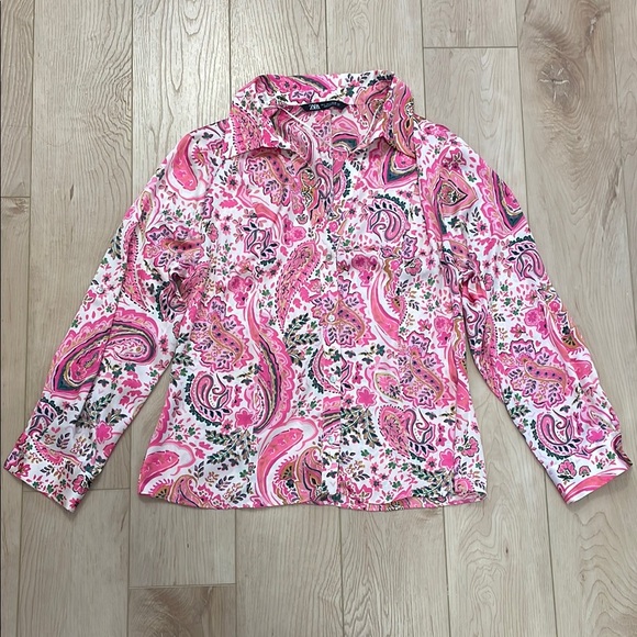Zara Tops - Zara Pink Paisley Print Satin Button Front Collared Shirt, sz L